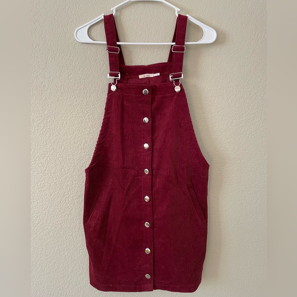 Deep Red Corduroy Button Overall Dress